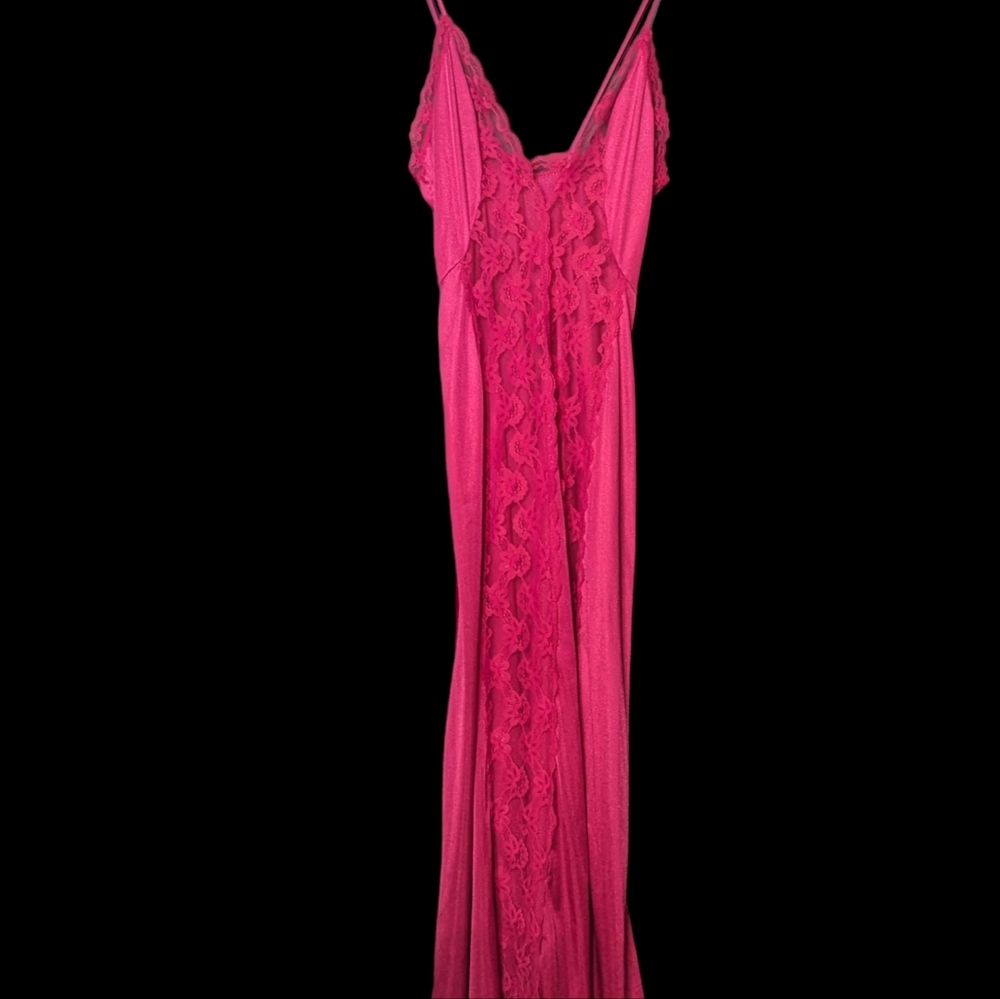 Vintage 80s Hot Pink Fuchsia Long Nylon Lace Gown Nightgown medium